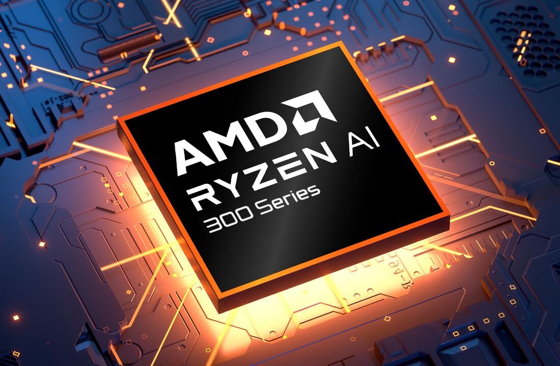 Procesor AMD Ryzen AI z pomarańczowym podświetleniem i efektami świetlnymi na tle płytki drukowanej. - procesor Intel Core Ultra