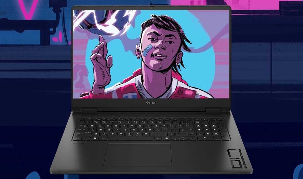 Laptop gamingowy HP Omen 17 w czarnej obudowie, na ekranie kolorowa, komiksowa postać z gry w różowej kurtce na niebieskim tle, z logo OMEN na ramce ekranu, podkreślający gamingowy design.  