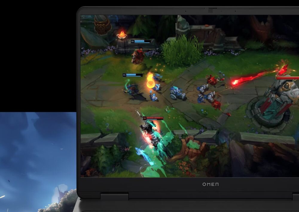 Zbliżenie na ekran HP Omen 16 z rozgrywką League of Legends na tle z chmurami i efektami graficznymi - Ekran 16 2560 x 1600 px IPS  