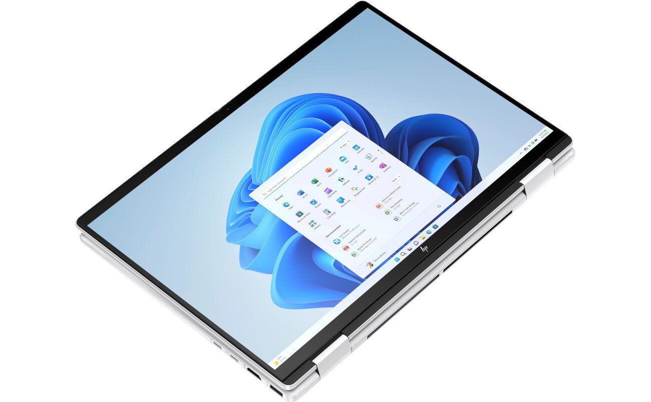 Laptop HP Envy x360 14 Laptop w trybie tabletu ustawiony poziomo z ekranem dotykowym OLED, wyświetlającym dynamiczną grafikę fal oceanu, ekran, matryca, przekątna, rozdzielczość