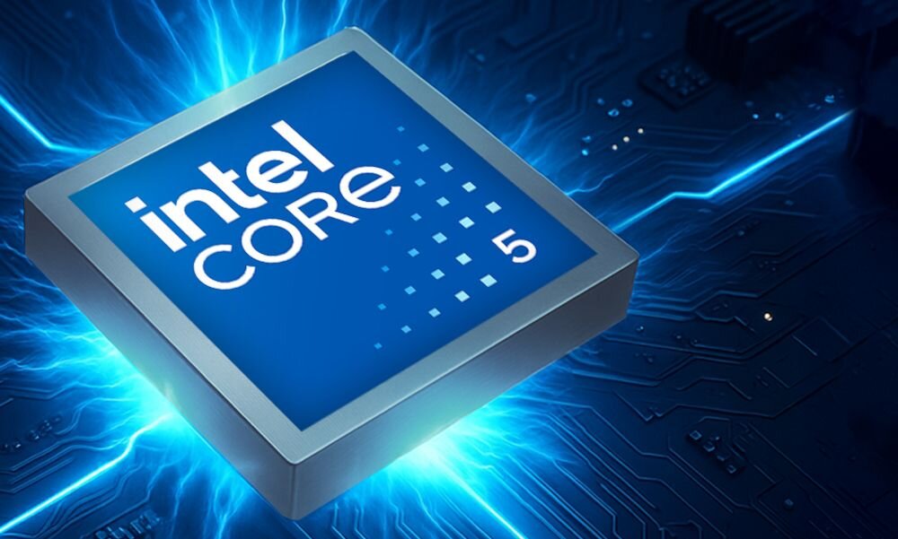 Procesor Intel Core i5 z niebieskim podświetleniem i efektami świetlnymi na tle płytki drukowanej. - procesor Intel Core Ultra   