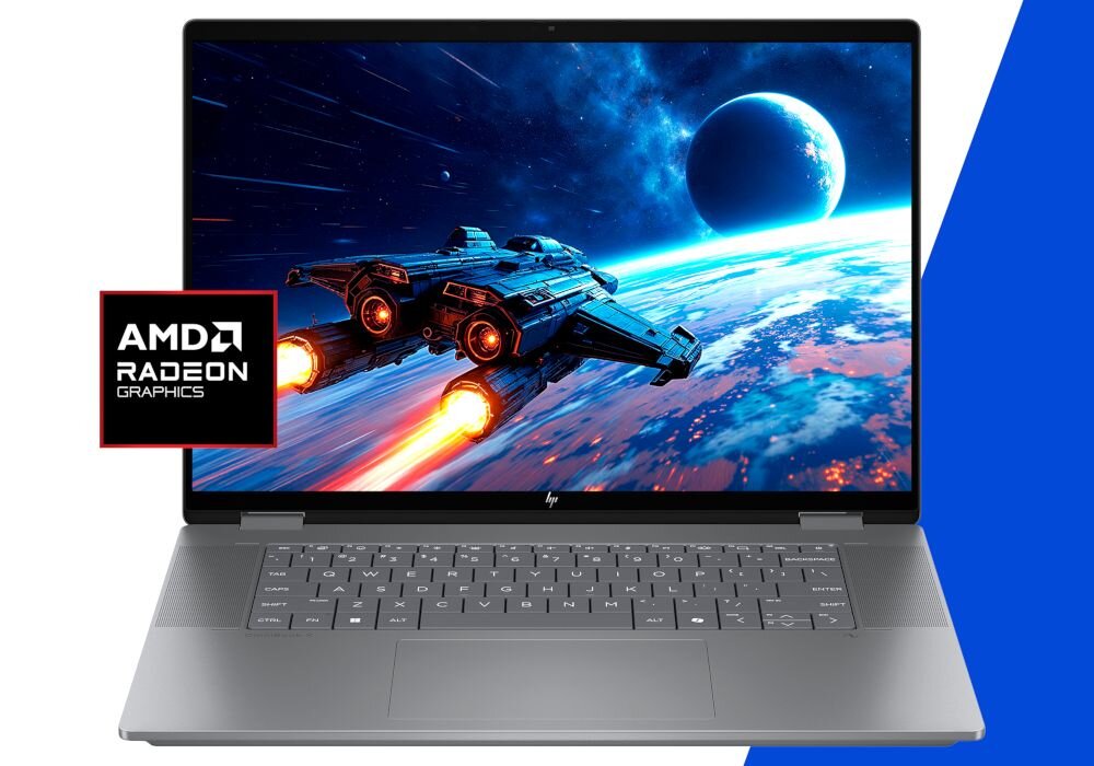 Laptop HP OmniBook z grafiką statku kosmicznego na ekranie, logo AMD Radeon Graphics widoczne obok. - Karta graficzna AMD Radeon