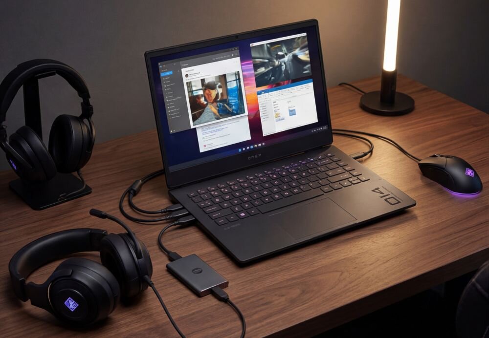 Laptop HP OMEN Transcend z podłączonymi słuchawkami i akcesoriami stoi na biurku gamingowym podczas rozrywki i pracy