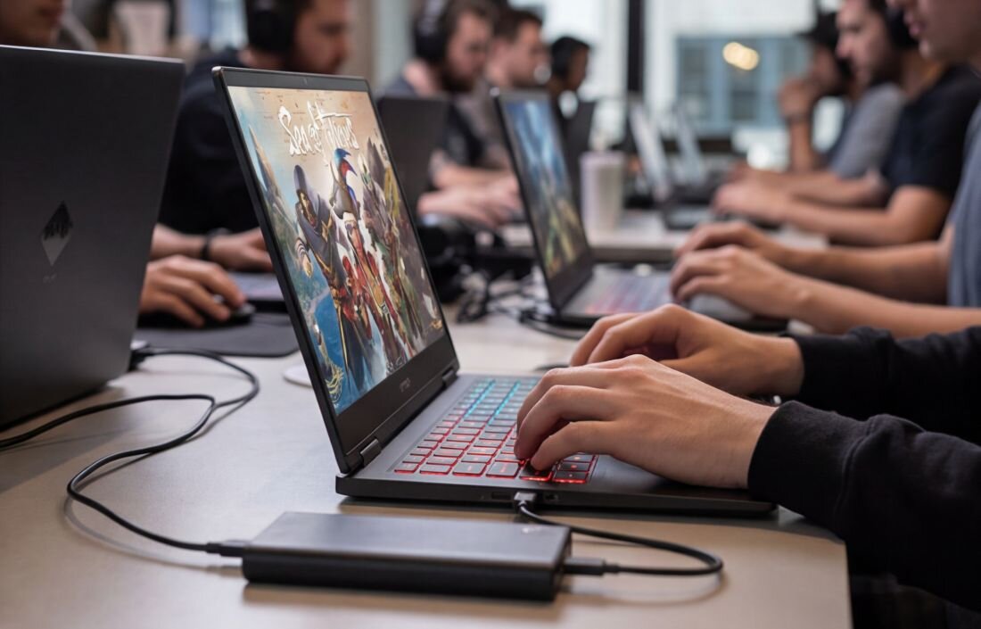 Gracze korzystają z laptopów HP OMEN Transcend podczas rozgrywki sieciowej w przestrzeni gamingowej i e-sportowej  