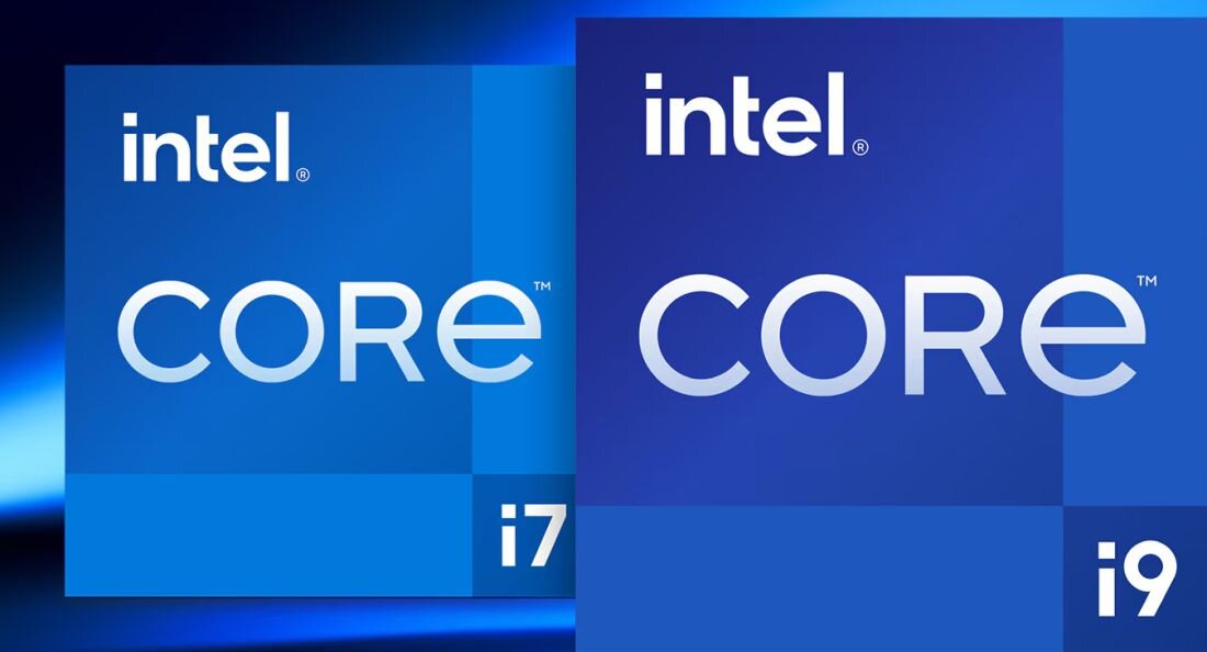 Logo procesora Intel Core na niebieskim tle z graficznymi elementami kwadratów i wzorów - Intel Core, Pamięć RAM DDR5, Dysk SSD 