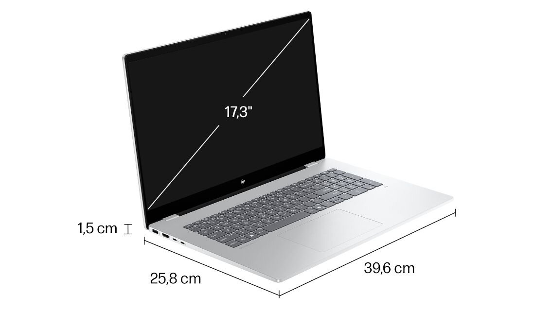 Smukły laptop HP OmniBook o przekątnej ekranu 17,3 cala – wymiary 39,6 cm x 25,8 cm x 1,5 cm podkreślające mobilność i elegancki design w srebrnej obudowie. - Srebrna elegancka obudowa, wymiary