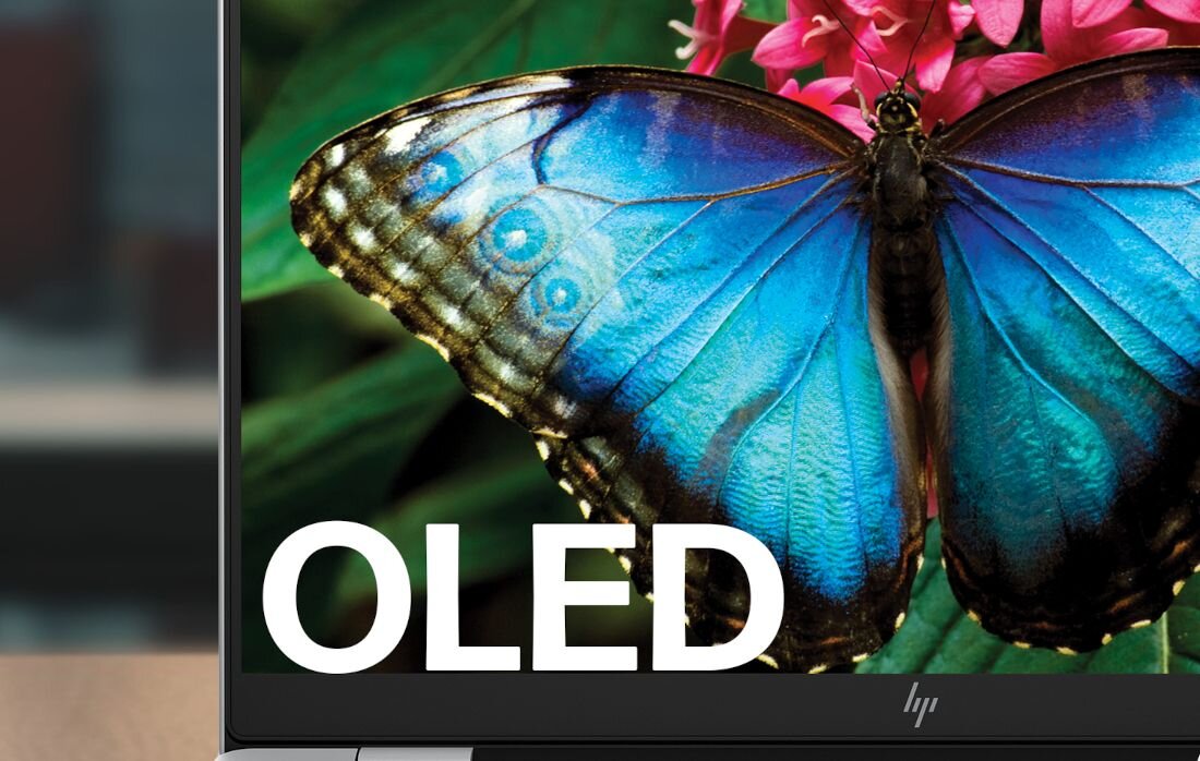 Ekran laptopa HP z wyświetlaczem OLED pokazującym niebieskiego motyla na tle różowych kwiatów. - 14-calowy wyświetlacz OLED 3K