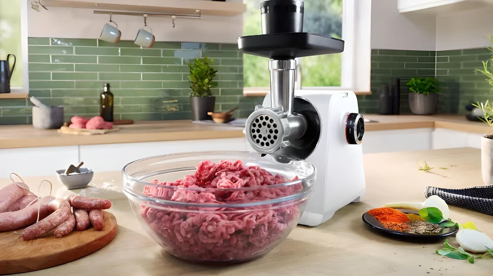 Na blacie kuchennym stoi maszynka do mięsa, z której wychodzi mielone mięso do szklanej miski. Obok znajdują się przyprawy, cebula i surowe kiełbaski na desce.