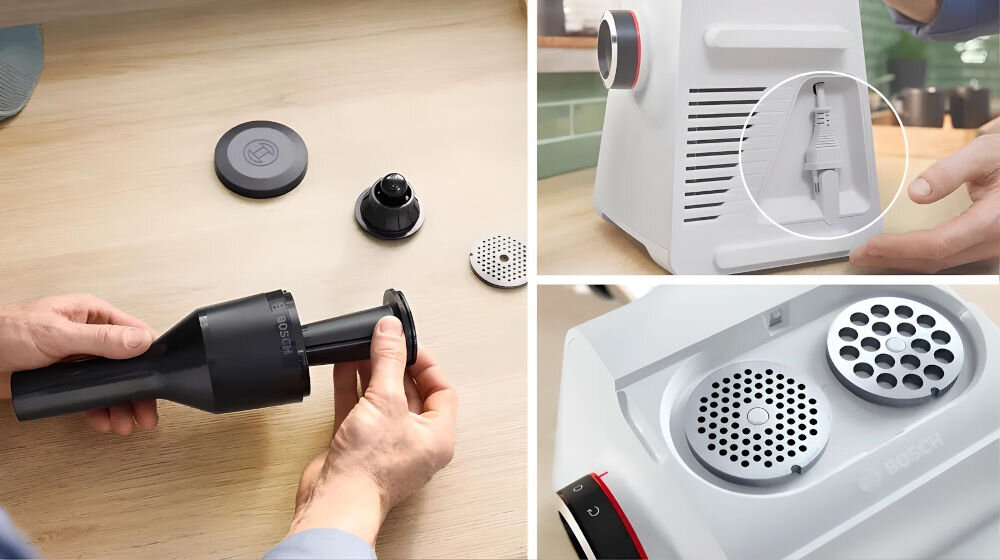 Na zdjęciu widoczna jest maszynka do mięsa z różnymi akcesoriami, w tym sitkami i elementami montażowymi. Logo \'BOSCH\' znajduje się na jednym z elementów urządzenia.