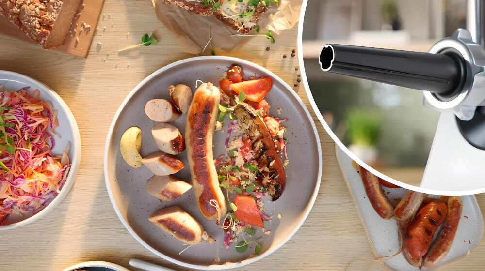 Na drewnianym stole znajduje się talerz z grillowanymi kiełbaskami, kawałkami ziemniaków i pomidorami. Obok widoczna jest miska z kolorową sałatką oraz zbliżenie na końcówkę maszynki do mięsa.