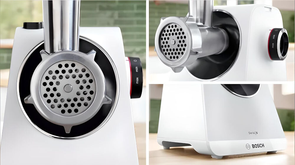 Zdjęcie przedstawia białą maszynkę do mięsa z metalowym elementem mielącym i pokrętłem z oznaczeniami \'min\' i \'max\'. Na obudowie widoczne jest logo \'BOSCH\'.