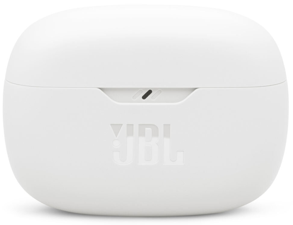 Białe etui na słuchawki z widocznym logo \'JBL\' na przedniej stronie.