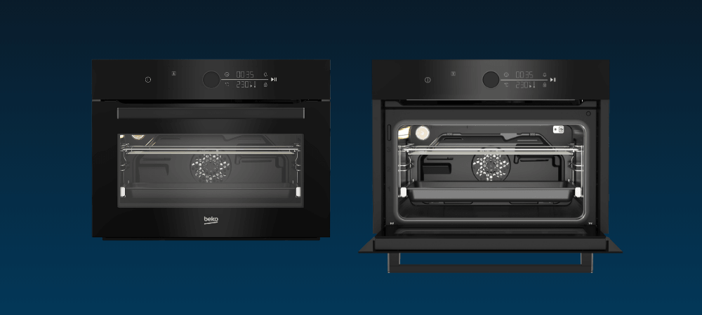 PIEKARNIK BEKO BBCM17400B Front i wnętrze piekarnika pokazane obok siebie na ciemnym tle, prezentujące design urządzenia oraz jego przestronne wnętrze z oświetleniem i prowadnicami klasa energetyczna A+ oszczędność energii łatwa obsługa design