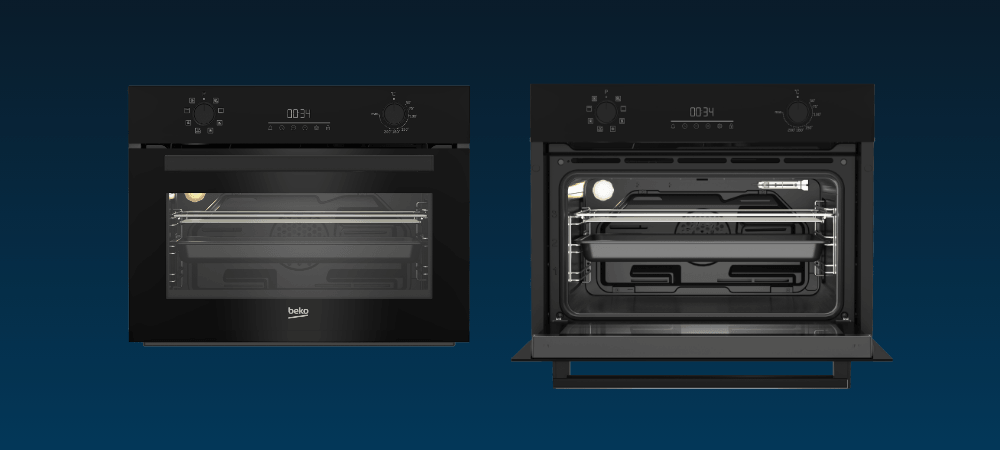 PIEKARNIK BEKO BBCM13300B Front i wnętrze piekarnika pokazane obok siebie na ciemnym tle, prezentujące design urządzenia oraz jego przestronne wnętrze z oświetleniem i prowadnicami klasa energetyczna A oszczędność energii łatwa obsługa design