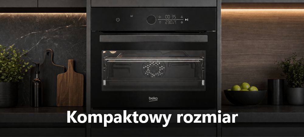 PIEKARNIK BEKO BBCM13300B Piekarnik do zabudowy marki Beko w ciemnej kuchni, z podświetlonym wnętrzem i panelem sterowania u góry (widoczne ustawienia czasu i temperatury). Po bokach znajdują się dekoracyjne elementy, takie jak deski do krojenia, roślina i miska z owocami. Na dole widnieje napis „Kompaktowy rozmiar”, podkreślający niewielkie wymiary urządzenia kompaktowe wymiary zabudowa małe kuchnie oszczędność miejsca