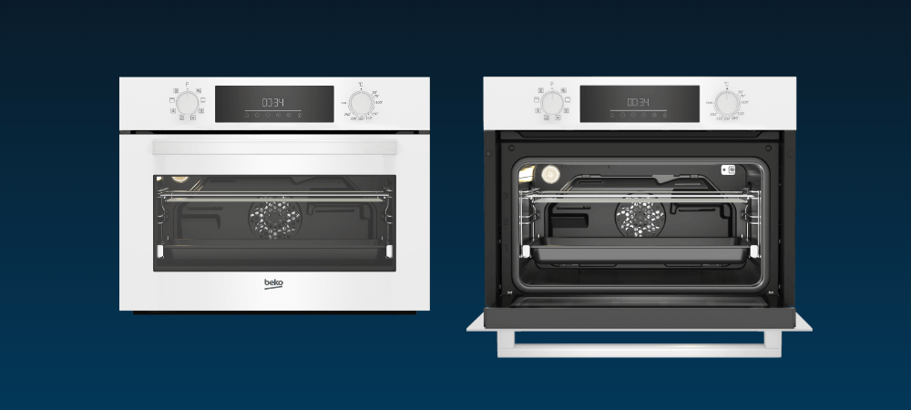 PIEKARNIK BEKO BBCM18300W Front i wnętrze piekarnika pokazane obok siebie na ciemnym tle, prezentujące design urządzenia oraz jego przestronne wnętrze z oświetleniem i prowadnicami klasa energetyczna A oszczędność energii łatwa obsługa design