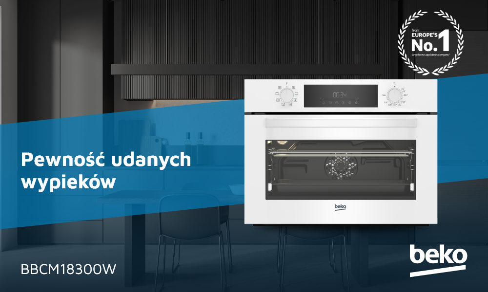 PIEKARNIK BEKO BBCM18300W Kuchnia z zabudową w odcieniach szarości – widoczny piekarnik z mikrofalą w słupku, jasny blat oraz oświetlona ściana z białych płytek typu „metro”
