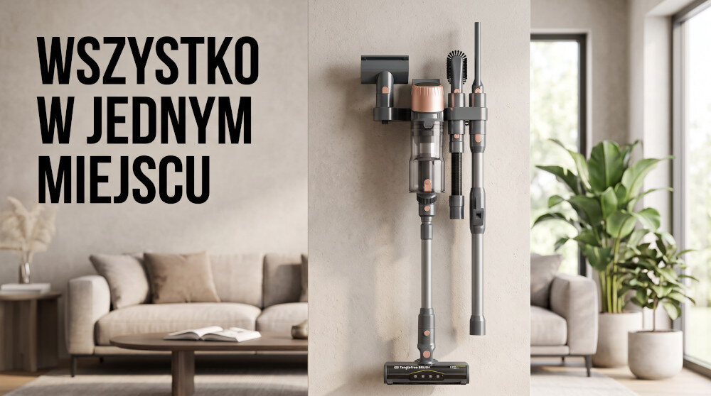 Osoba trzyma odkurzacz ręczny GÖTZE & JENSEN VV600 nad różowym, welurowym fotelem. W tle widoczna jest zielona roślina.