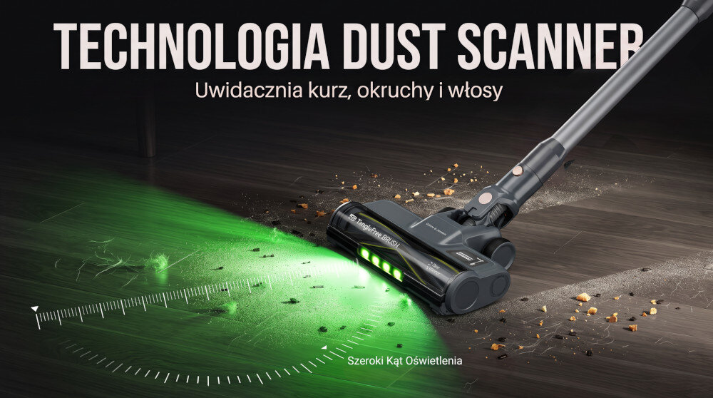 Odkurzacz z napisem \'Tangle-free BRUSH\' na głowicy, wyposażony w zielone diody LED, znajduje się na jasnym dywanie.
