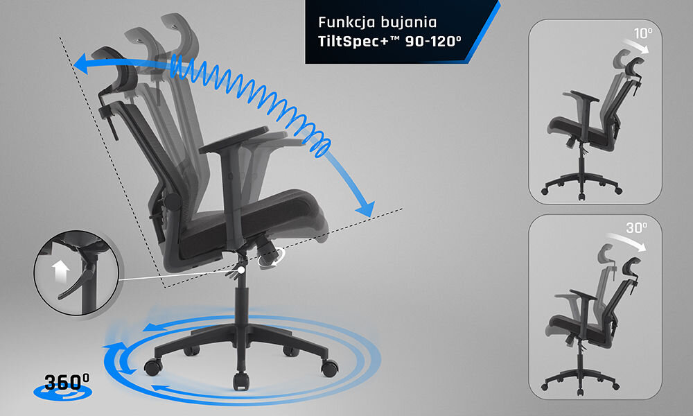 Fotel GAMVIS ErgoDay Czarny prezentacja możliwego zakresu bujania fotela na szarym tle stabilna konstrukcja TiltSpec+ odchylenie siedziska wsparcie naturalnego ruchu ciała poprawa wygody bez uczucia zmęczenia komfort