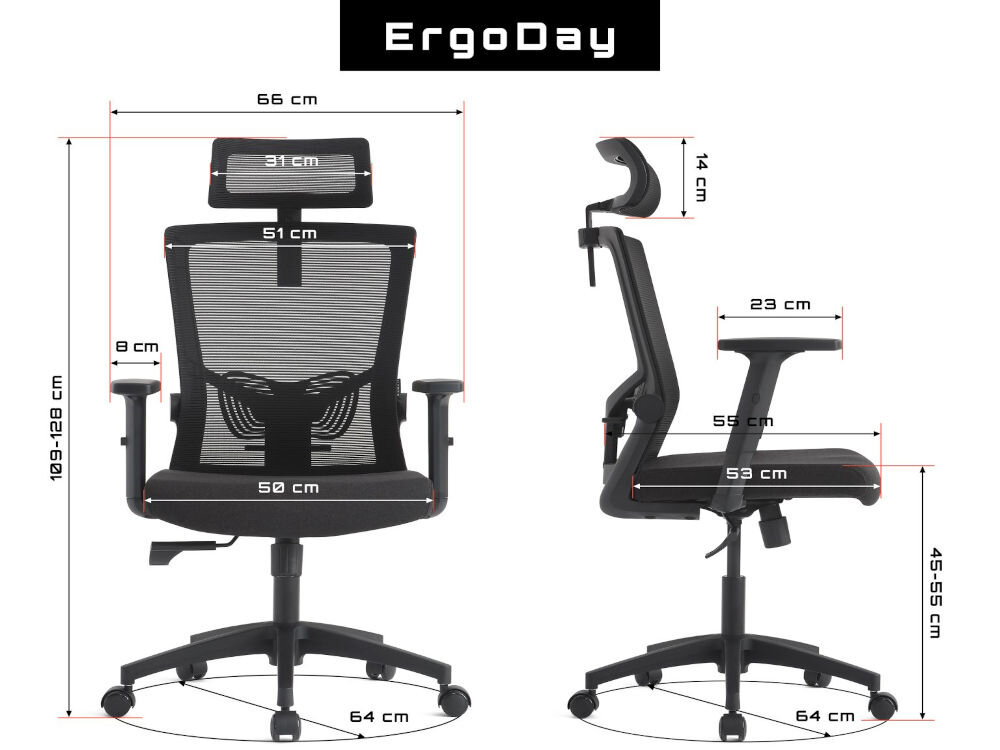 Fotel GAMVIS ErgoDay Czarny prezentacja fotela od przodu i od boku na białym tle wymiary stabilność