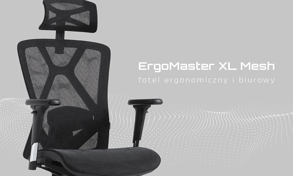 Fotel GAMVIS ErgoMaster XL Mesh Czarny prezentacja fotela od przodu na szarym tle napis z modelem i przeznaczeniem