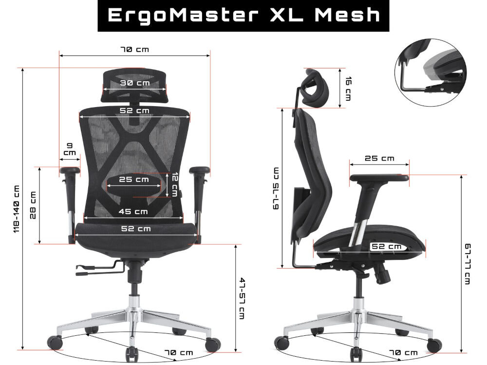 Fotel GAMVIS ErgoMaster XL Mesh Czarny prezentacja fotela od przodu i od boku na białym tle wymiary stabilność