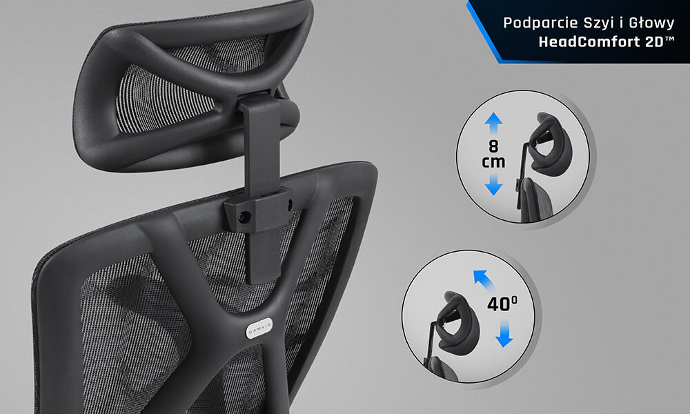 Fotel GAMVIS ErgoMaster XL Mesh Czarny zbliżenie na podparcie szyi i głowy obok pokazany zakres regulacji szare tło prawidłowa postawa komfort