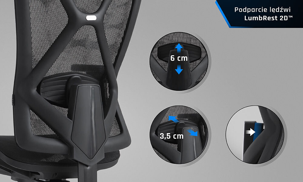 Fotel GAMVIS ErgoMaster XL Mesh Czarny zbliżenie na oparcie od tyłu pokazany zakres regulacji szare tło 2D LumbRest™ solidna konstrukcja miękkie materiały wysoki komfort redukcja ryzyka bólu pleców i zmęczenia