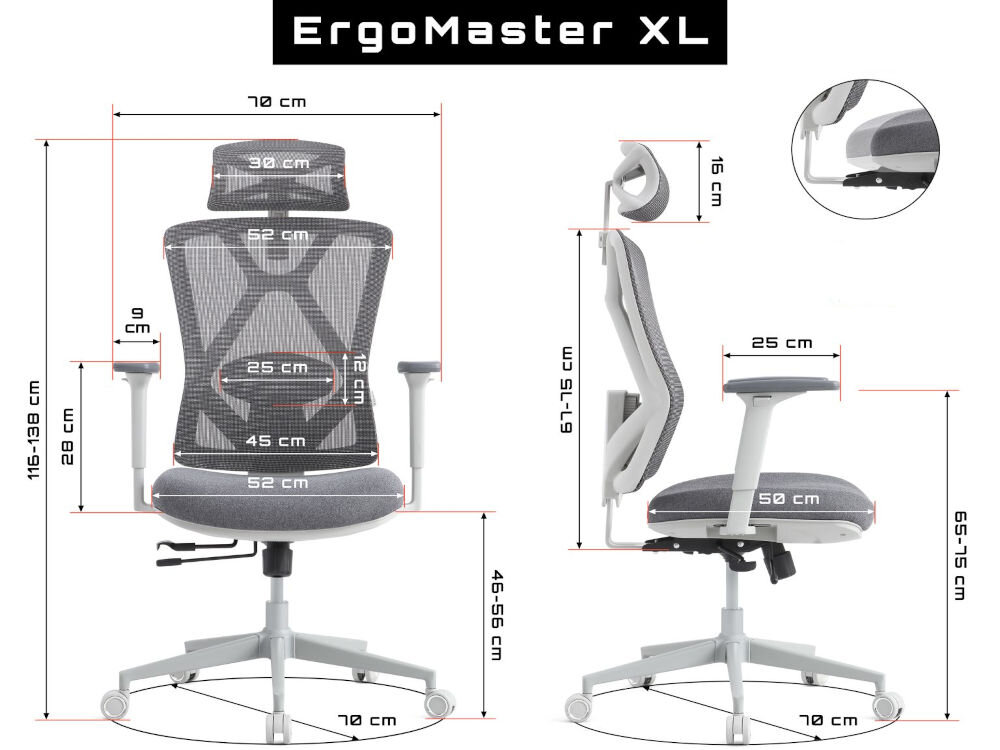 Fotel GAMVIS ErgoMaster XL Szary prezentacja fotela od przodu i od boku na białym tle wymiary stabilność