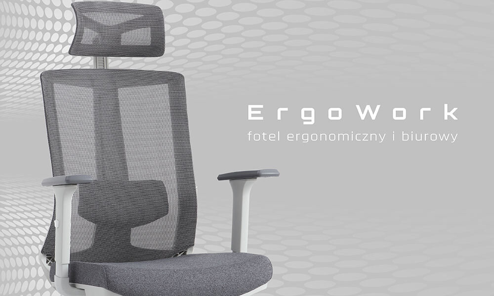 Fotel GAMVIS ErgoWork Szary prezentacja fotela od przodu na szarym tle napis z modelem i przeznaczeniem