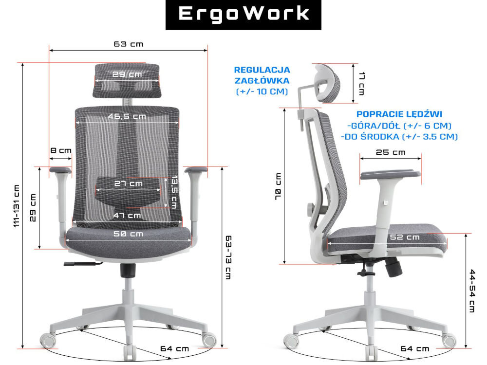 Fotel GAMVIS ErgoWork Szary prezentacja fotela od przodu i od boku na białym tle wymiary stabilność