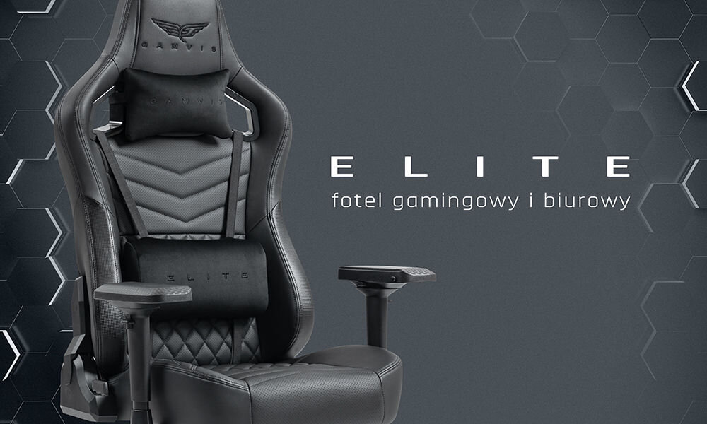 Fotel GAMVIS Elite 2.0 XL Basic Czarny prezentacja fotela na ciemnym tle od przodu pod kątem geometryczne kształty po bokach napis z modelem i przeznaczeniem