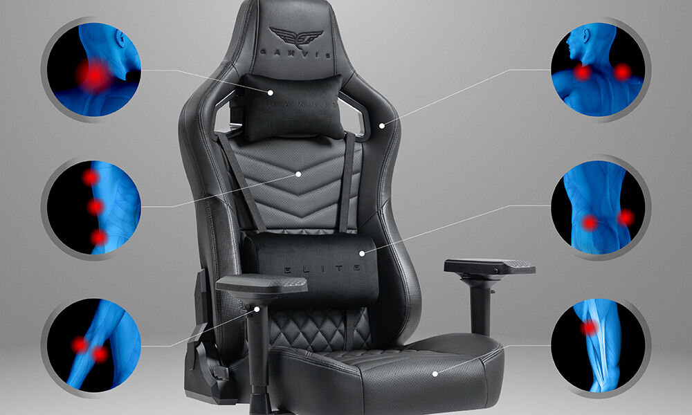 Fotel GAMVIS Elite 2.0 XL Basic Czarny prezentacja fotela na szarym tle i pokazanie miejsc na które fotel działa odciążająco ergonomiczne właściwości oparcie i siedzisko poduszki pod głowę i odcinek lędźwiowy wspomaganie prawidłowej postawy komfort