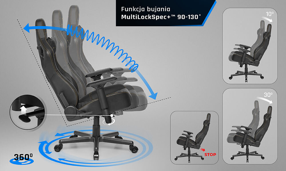 Fotel GAMVIS Elite 2.0 Pro XL Czarny (złote elementy) prezentacja możliwego zakresu bujania fotela na szarym tle mechanizm bujania MultiLockSpec+ blokada siedziska w dowolnej pozycji stabilna konstrukcja miękkie materiały