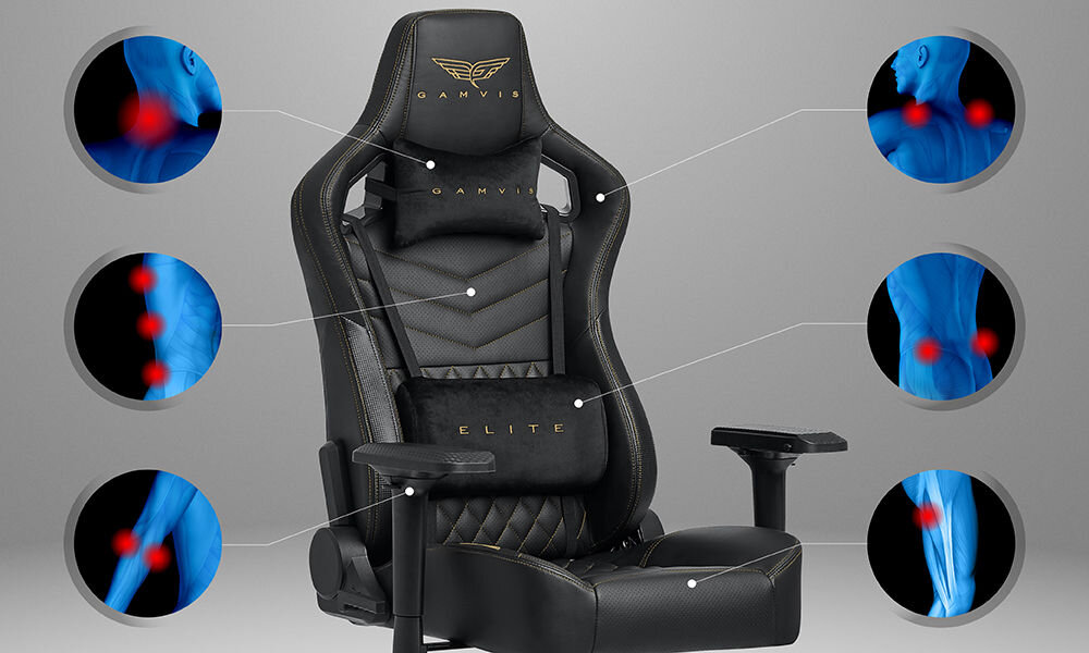 Fotel GAMVIS Elite 2.0 Pro XL Czarny (złote elementy) prezentacja fotela na szarym tle i pokazanie miejsc na które fotel działa odciążająco ergonomiczne właściwości oparcie i siedzisko poduszki pod głowę i odcinek lędźwiowy wspomaganie prawidłowej postawy komfort