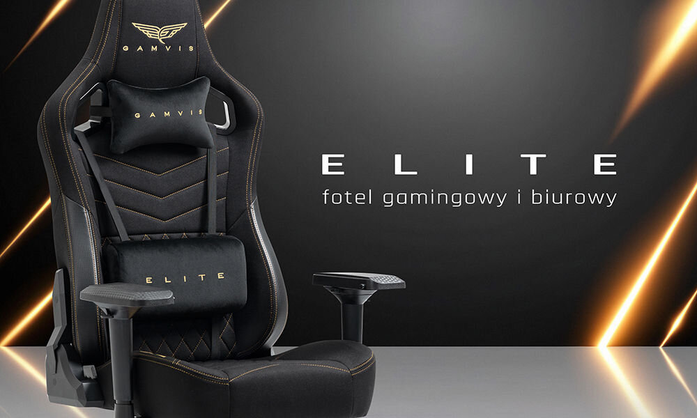 Fotel GAMVIS Elite 2.0 XL Basic Czarny (złote elementy) prezentacja fotela na ciemnym tle od przodu pod kątem paski świetlne napis z modelem i przeznaczeniem