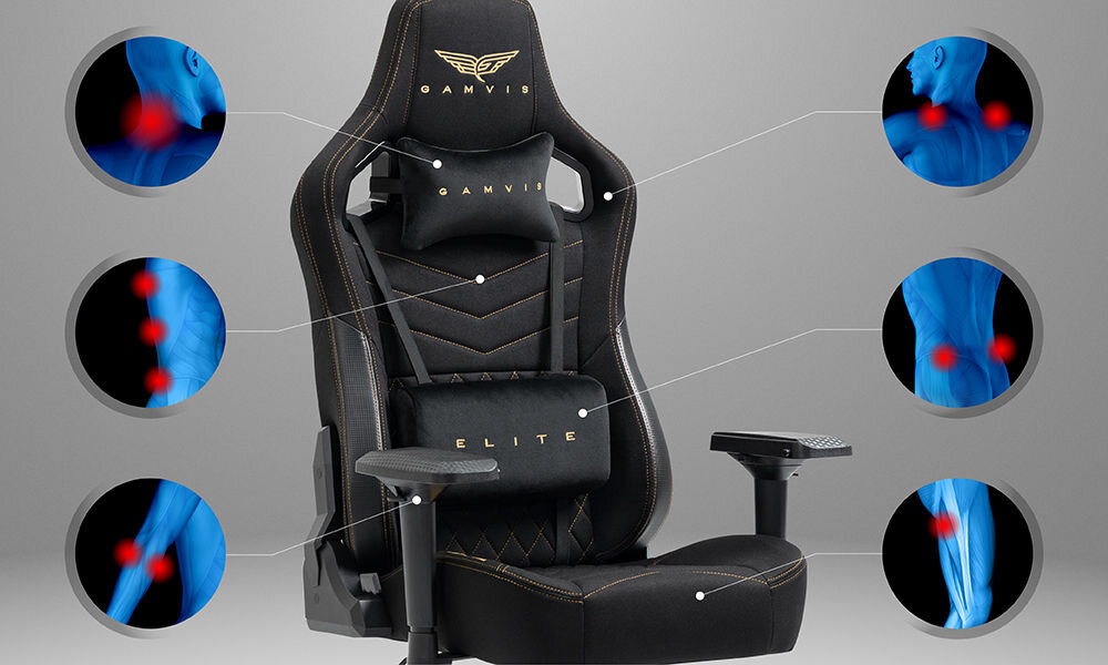 Fotel GAMVIS Elite 2.0 XL Basic Czarny (złote elementy) prezentacja fotela na szarym tle i pokazanie miejsc na które fotel działa odciążająco ergonomiczne właściwości oparcie i siedzisko poduszki pod głowę i odcinek lędźwiowy wspomaganie prawidłowej postawy komfort