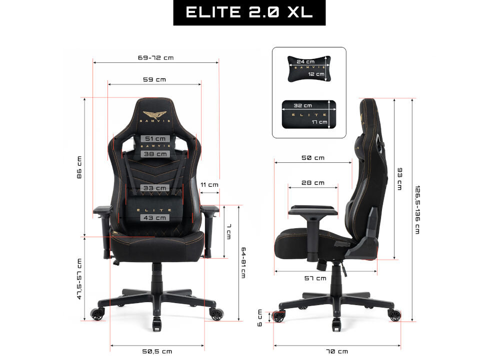 Fotel GAMVIS Elite 2.0 XL Basic Czarny (złote elementy) prezentacja fotela od przodu i od boku na białym tle wymiary stabilność