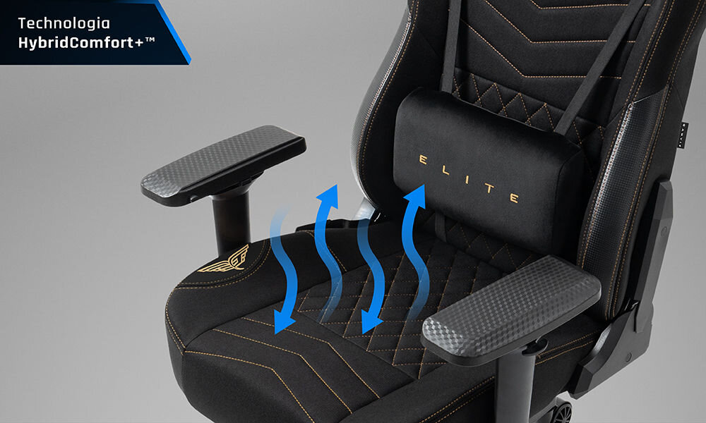 Fotel GAMVIS Elite 2.0 XL Basic Czarny (złote elementy) zbliżenie na siedzisko fotela szare tło pikowana tapicerka z dokładnymi przeszyciami jak w aucie sportowym wygoda efekt wizualny