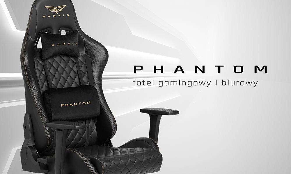 Fotel GAMVIS Phantom Large Pikowany Czarny (złote elementy) prezentacja fotela na szarym tle od przodu pod kątem napis z modelem i przeznaczeniem