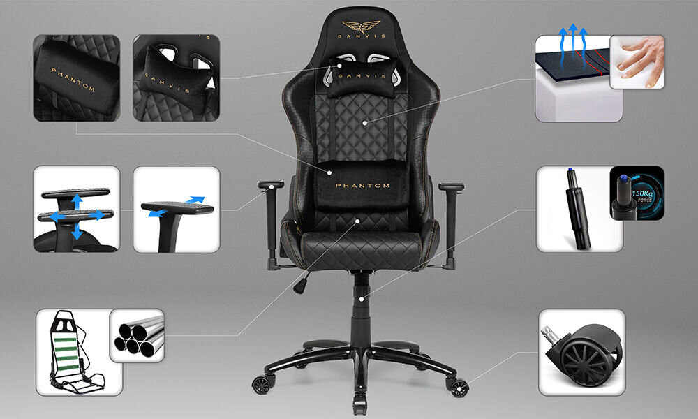 Fotel GAMVIS Phantom Large Pikowany Czarny (złote elementy) prezentacja fotela na szarym tle dookoła zbliżenia na jego cechy zdjęcia ze strzałkami prowadzącymi na daną rzecz