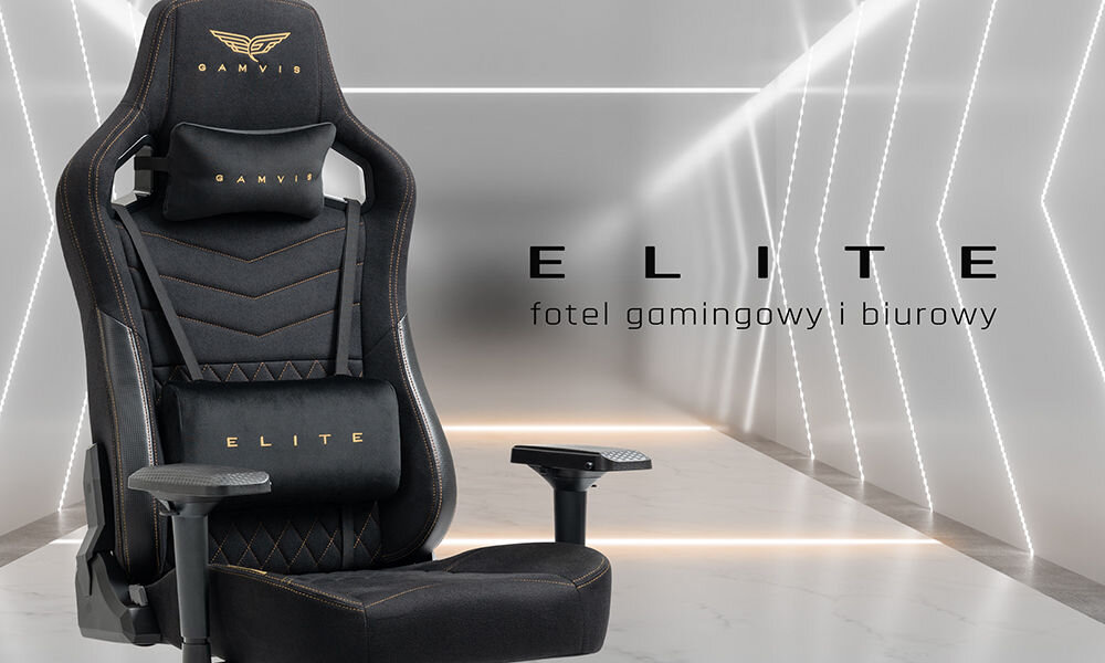 Fotel GAMVIS Elite 2.0 Pro XXL Czarny (złote elementy) prezentacja fotela od przodu pod kątem w tle jasny tunel z ledami
