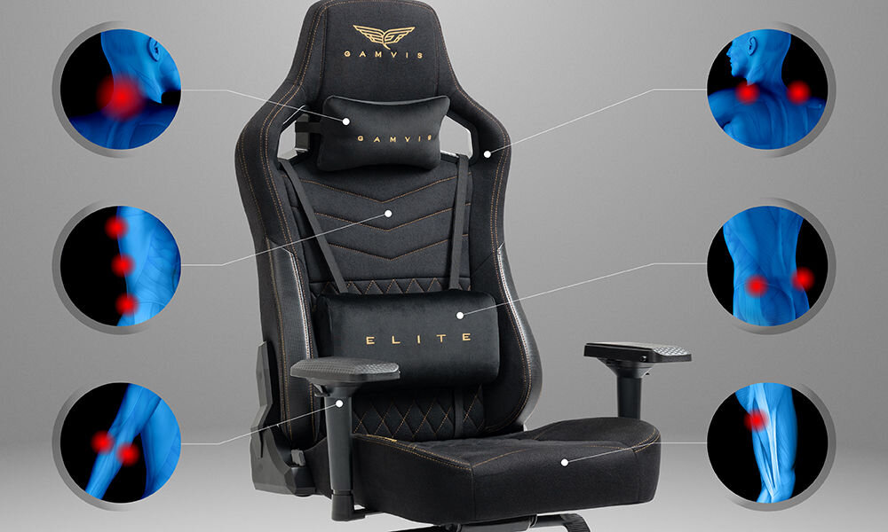 Fotel GAMVIS Elite 2.0 Pro XXL Czarny (złote elementy) prezentacja fotela na szarym tle i pokazanie miejsc na które fotel działa odciążająco ergonomiczne właściwości oparcie i siedzisko poduszki pod głowę i odcinek lędźwiowy wspomaganie prawidłowej postawy komfort