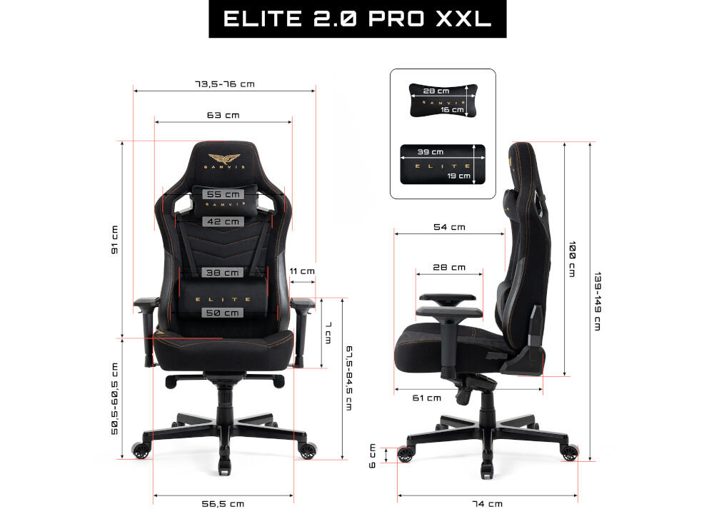 Fotel GAMVIS Elite 2.0 Pro XXL Czarny (złote elementy) prezentacja fotela od przodu i od boku na białym tle wymiary stabilność