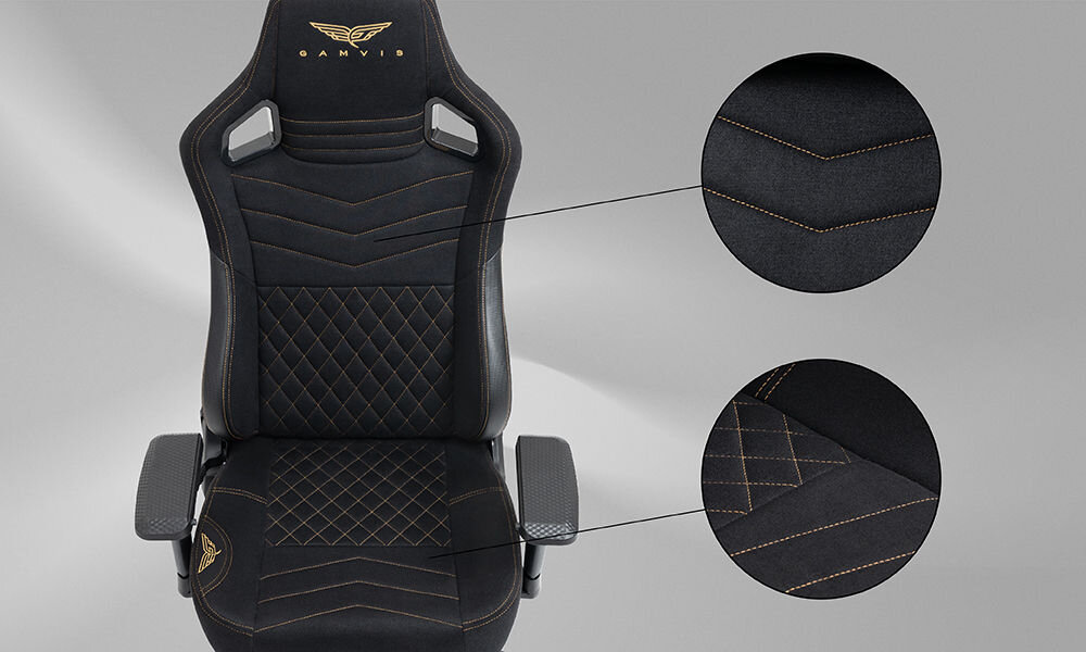 Fotel GAMVIS Elite 2.0 Pro XXL Czarny (złote elementy) wizualizacja wentylacji fotela zbliżenie na siedzisko szare tło napis z technologią swobodny przepływ powietrza HybridComfort+ wygoda eliminacja efektu przyklejania się