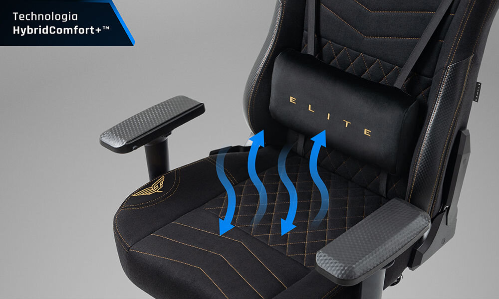 Fotel GAMVIS Elite 2.0 Pro XXL Czarny (złote elementy) zbliżenie na siedzisko fotela szare tło tapicerka z dokładnymi przeszyciami jak w aucie sportowym wygoda efekt wizualny