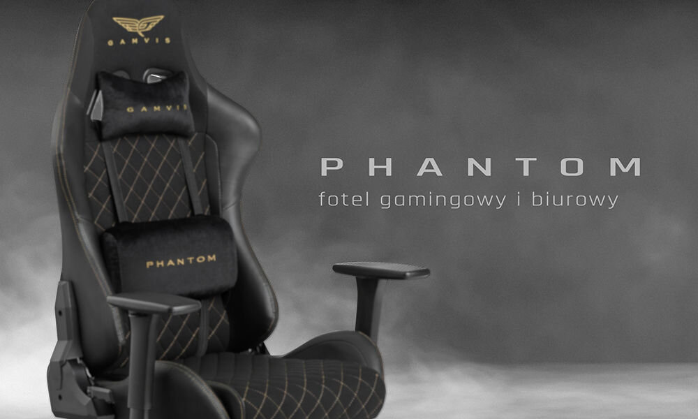Fotel GAMVIS Phantom Large Czarny (złote elementy) prezentacja fotela na tle pokoju od przodu