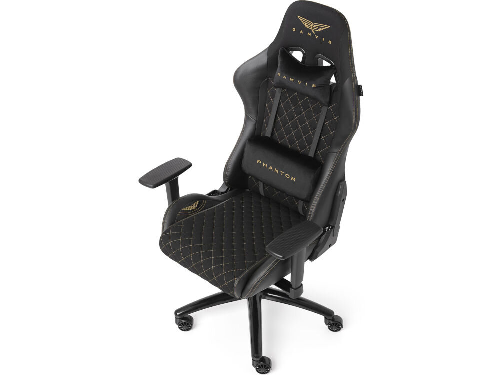 Fotel GAMVIS Phantom Large Czarny (złote elementy) prezentacja fotela od przodu pod kątem na białym tle wzmocniona stalowa rama ErgoTech+ 2 mm stabilność