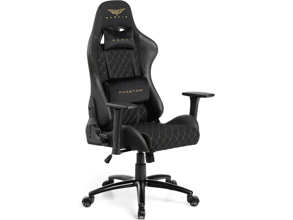Fotel GAMVIS Phantom Large Czarny (złote elementy) prezentacja fotela od przodu pod kątem na białym tle welurowe poduszki pod lędźwie i kark pianka Memory Foam odciążenie kręgosłupa
